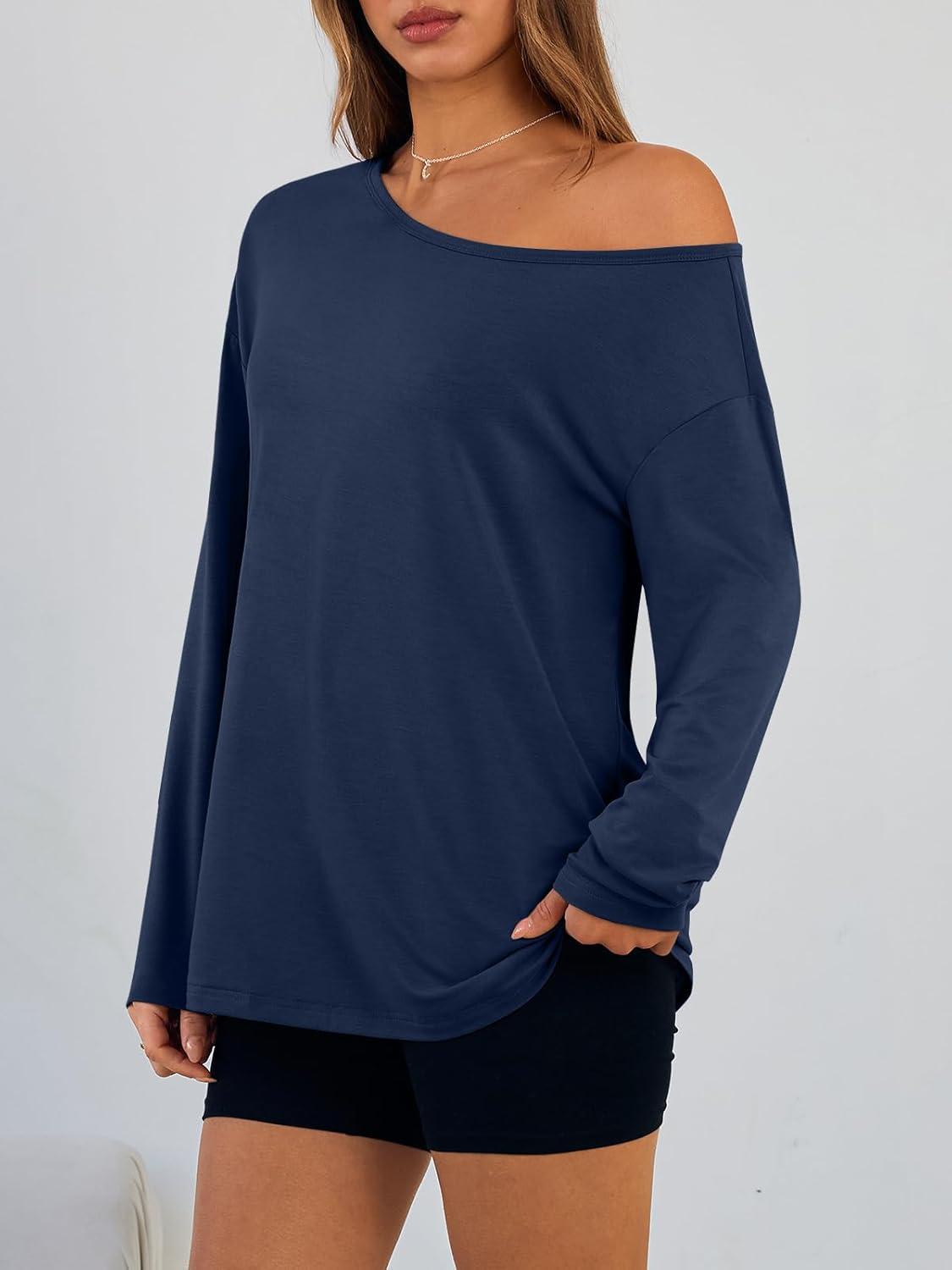 imageTrendy Queen Womens Off The Shoulder Tops Oversized Tshirts Long Sleeve 2025 Casual Basic TeesBlue