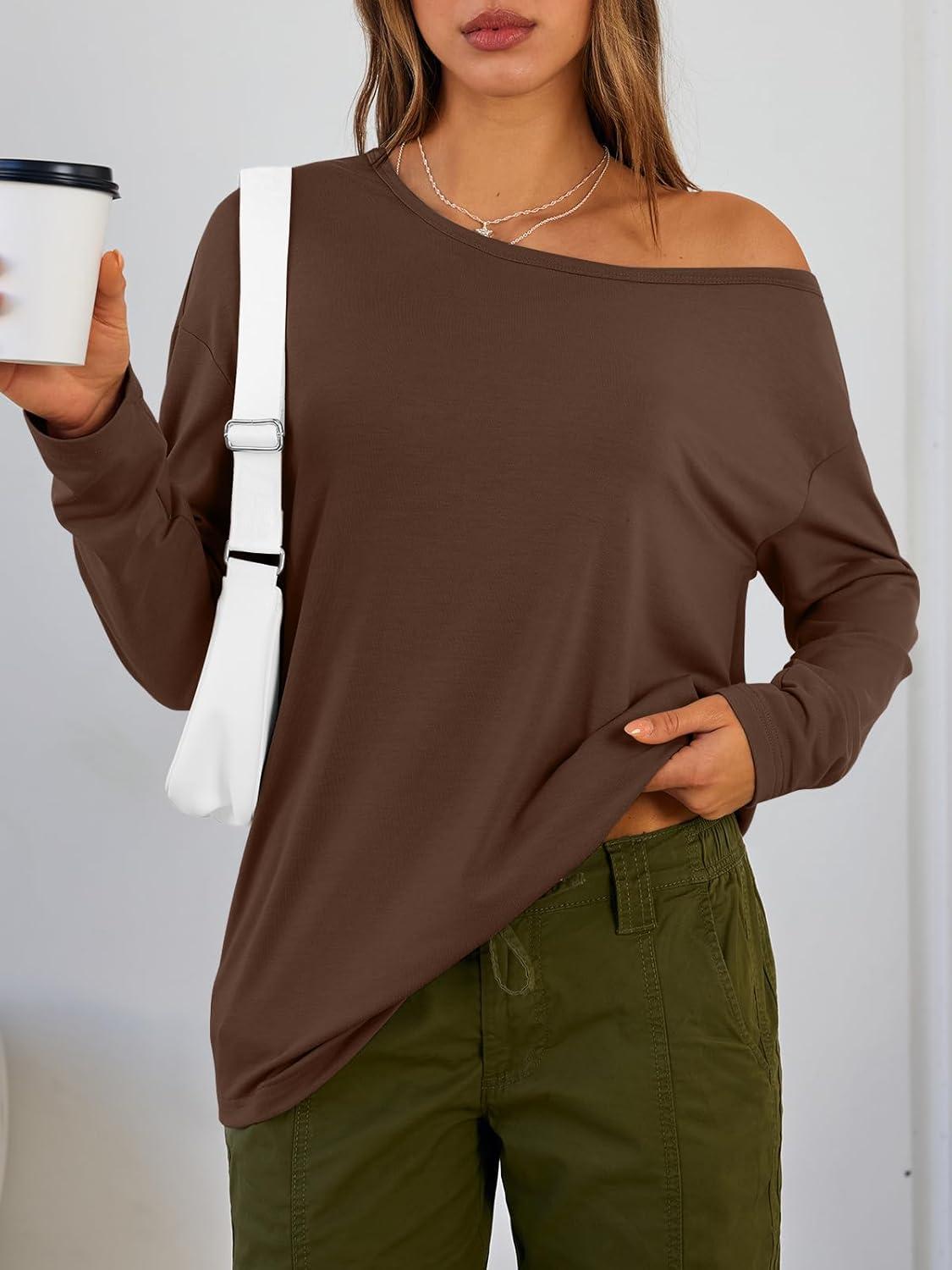 imageTrendy Queen Womens Off The Shoulder Tops Oversized Tshirts Long Sleeve 2025 Casual Basic TeesCoffee