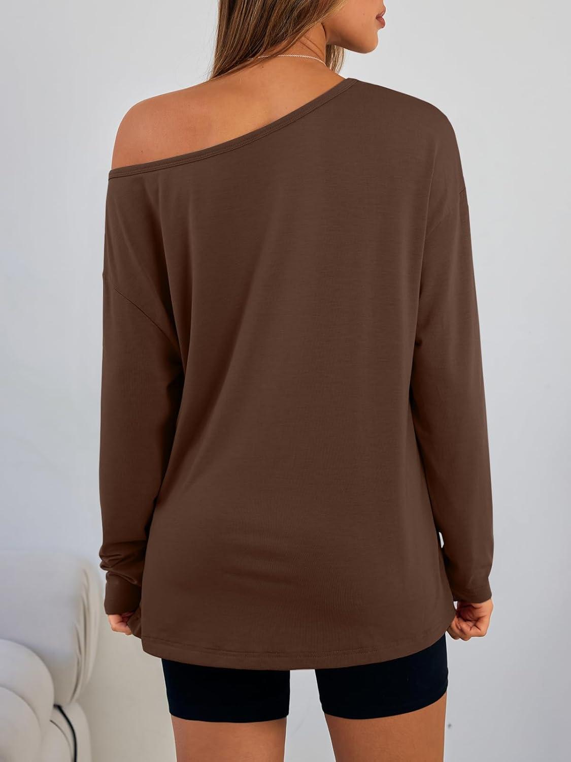 imageTrendy Queen Womens Off The Shoulder Tops Oversized Tshirts Long Sleeve 2025 Casual Basic TeesCoffee