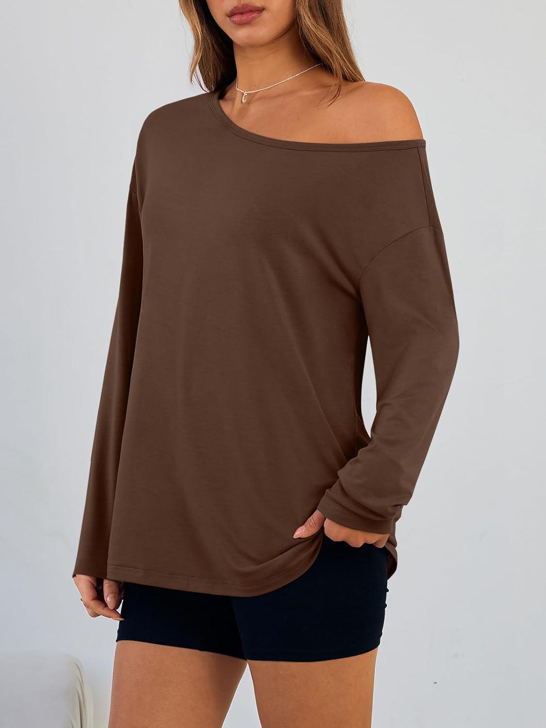 imageTrendy Queen Womens Off The Shoulder Tops Oversized Tshirts Long Sleeve 2025 Casual Basic TeesCoffee