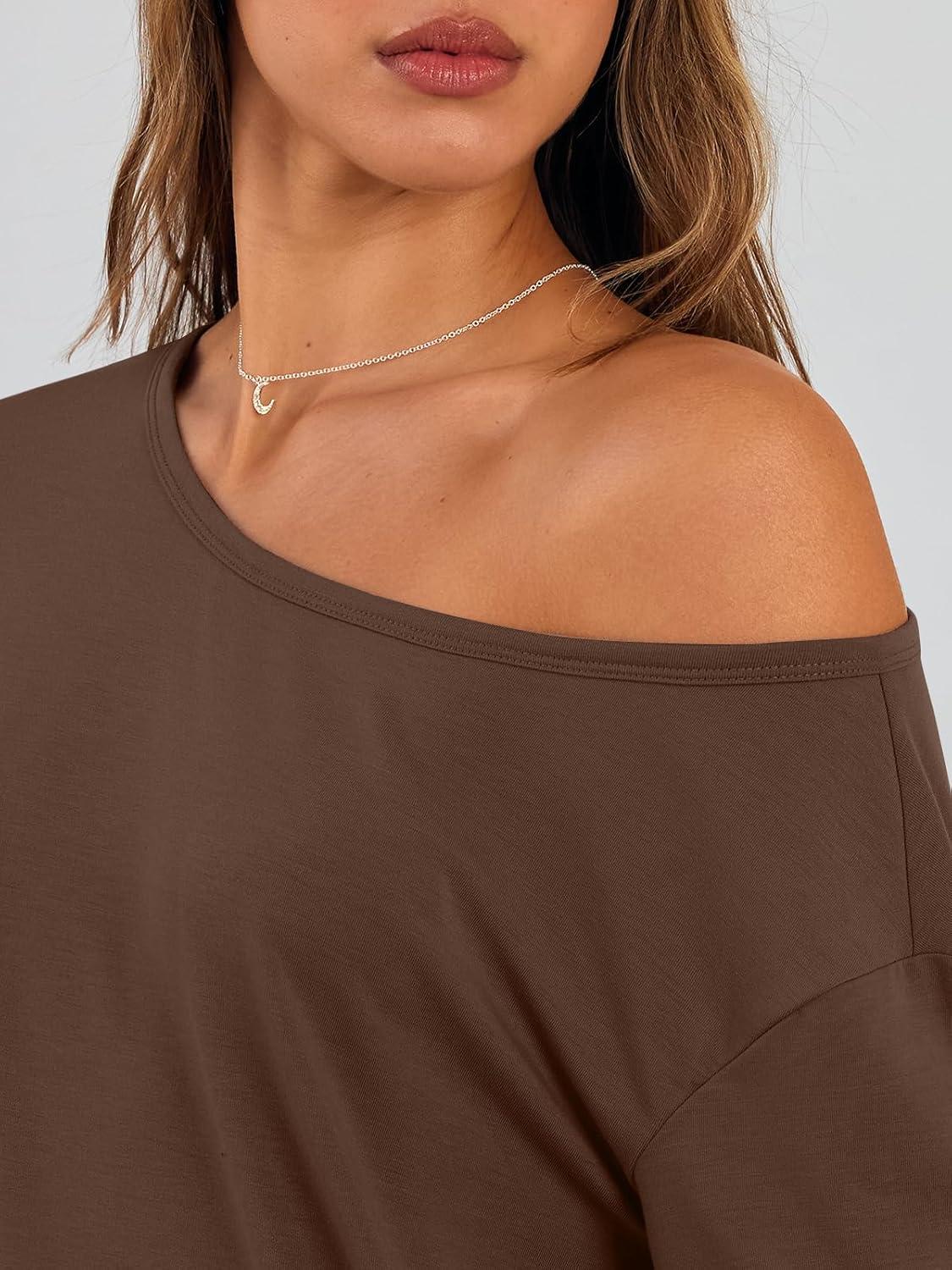 imageTrendy Queen Womens Off The Shoulder Tops Oversized Tshirts Long Sleeve 2025 Casual Basic TeesCoffee