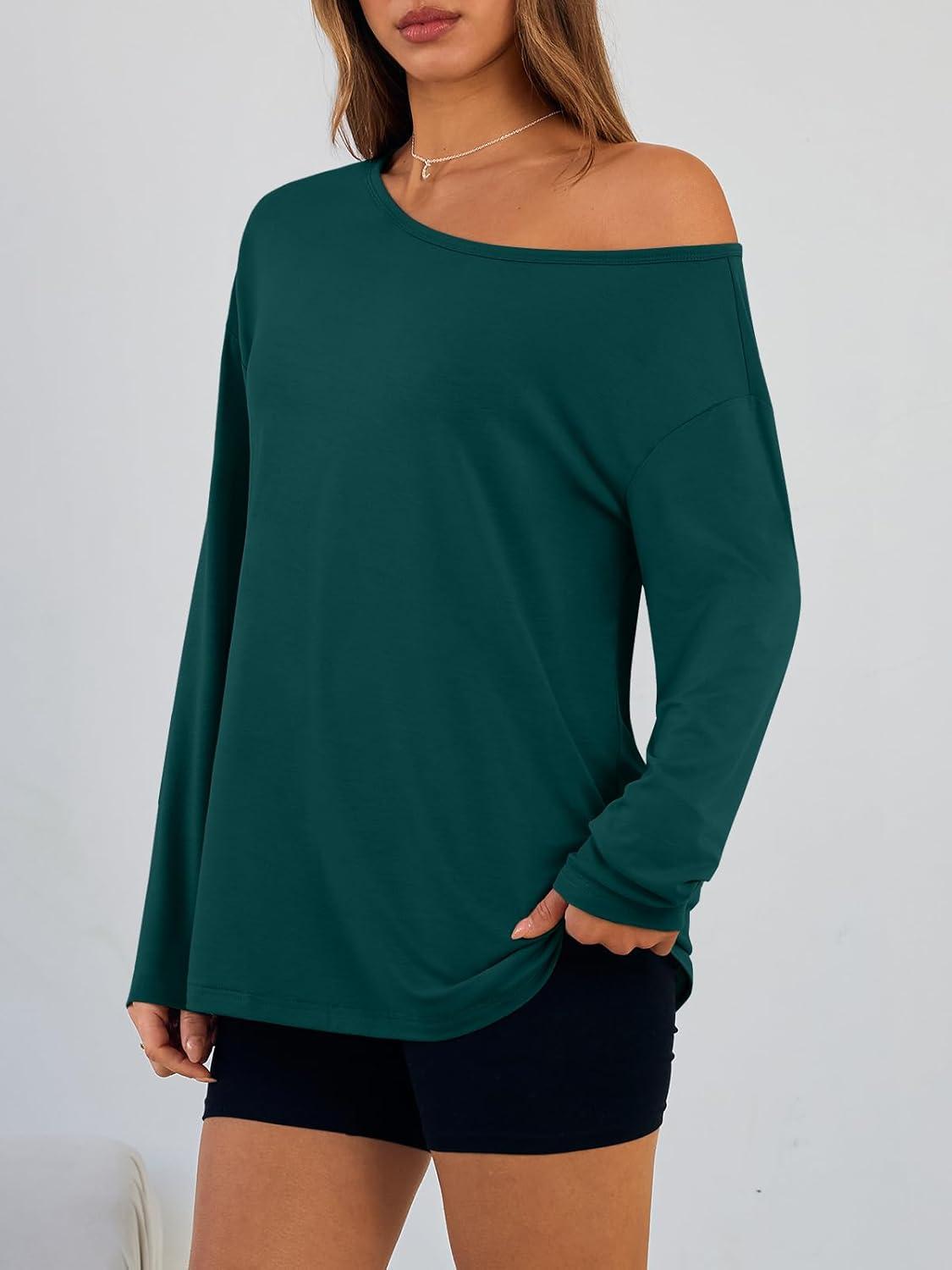 imageTrendy Queen Womens Off The Shoulder Tops Oversized Tshirts Long Sleeve 2025 Casual Basic TeesDark Green