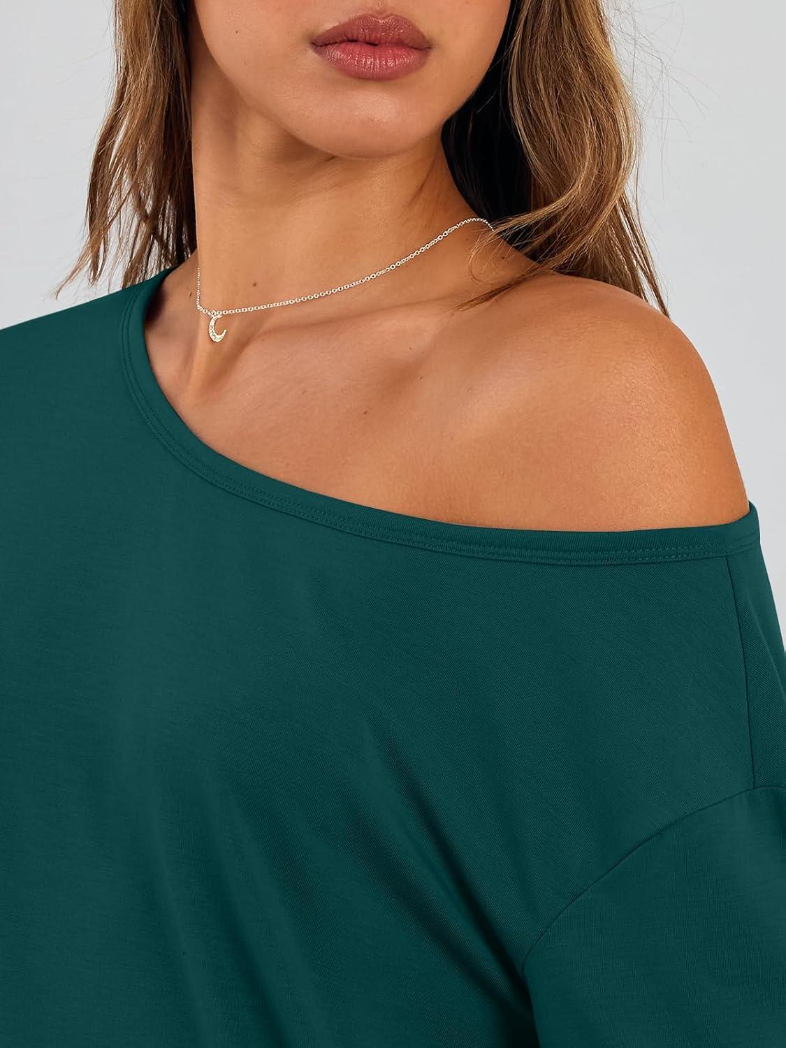 imageTrendy Queen Womens Off The Shoulder Tops Oversized Tshirts Long Sleeve 2025 Casual Basic TeesDark Green