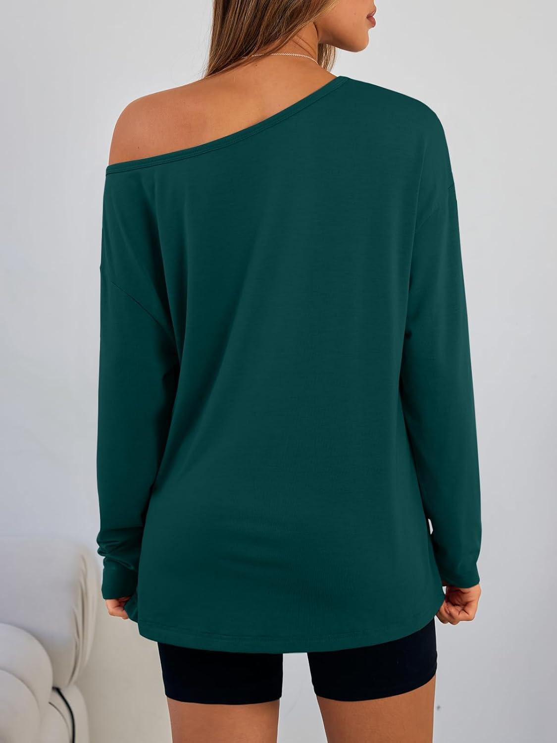 imageTrendy Queen Womens Off The Shoulder Tops Oversized Tshirts Long Sleeve 2025 Casual Basic TeesDark Green