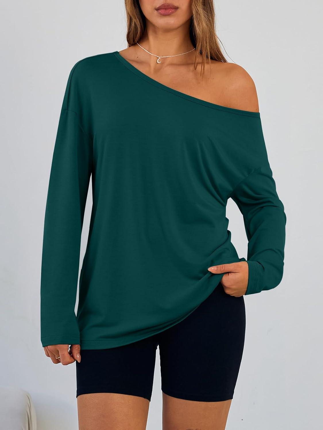 imageTrendy Queen Womens Off The Shoulder Tops Oversized Tshirts Long Sleeve 2025 Casual Basic TeesDark Green