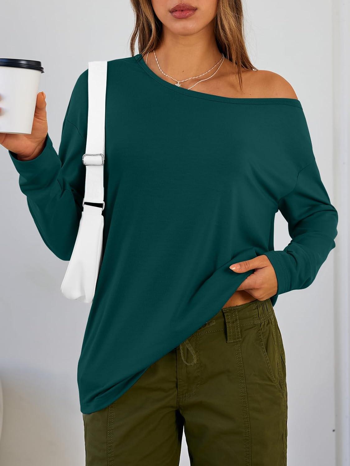 imageTrendy Queen Womens Off The Shoulder Tops Oversized Tshirts Long Sleeve 2025 Casual Basic TeesDark Green