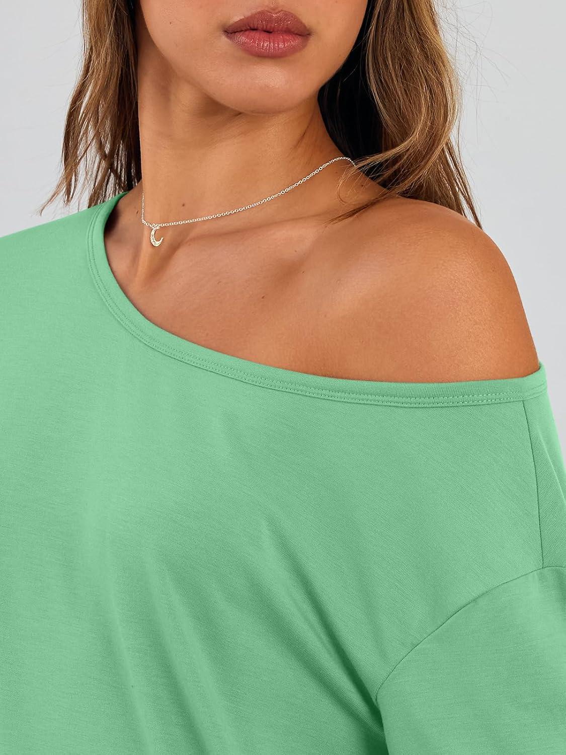 imageTrendy Queen Womens Off The Shoulder Tops Oversized Tshirts Long Sleeve 2025 Casual Basic TeesGreen