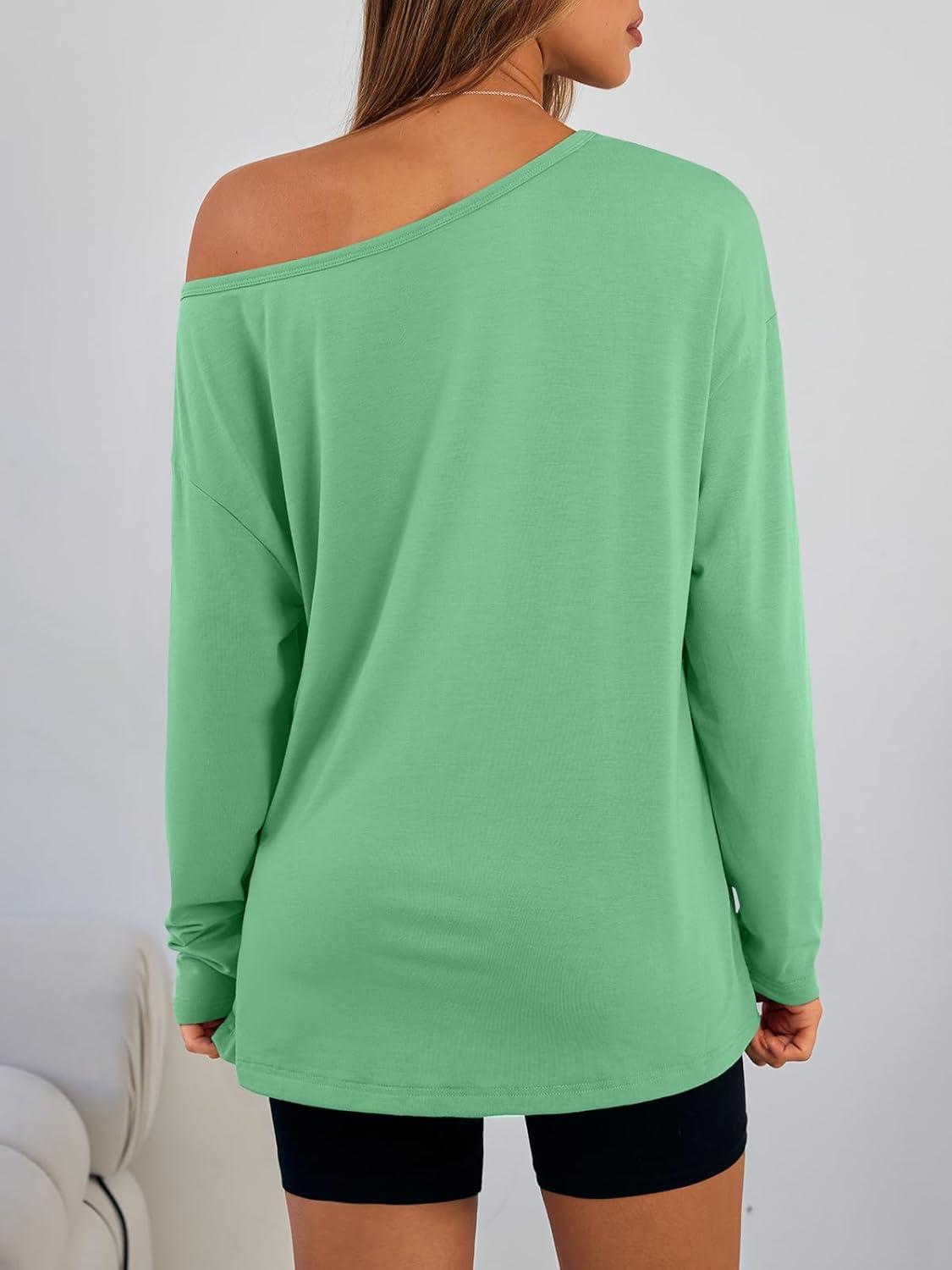 imageTrendy Queen Womens Off The Shoulder Tops Oversized Tshirts Long Sleeve 2025 Casual Basic TeesGreen