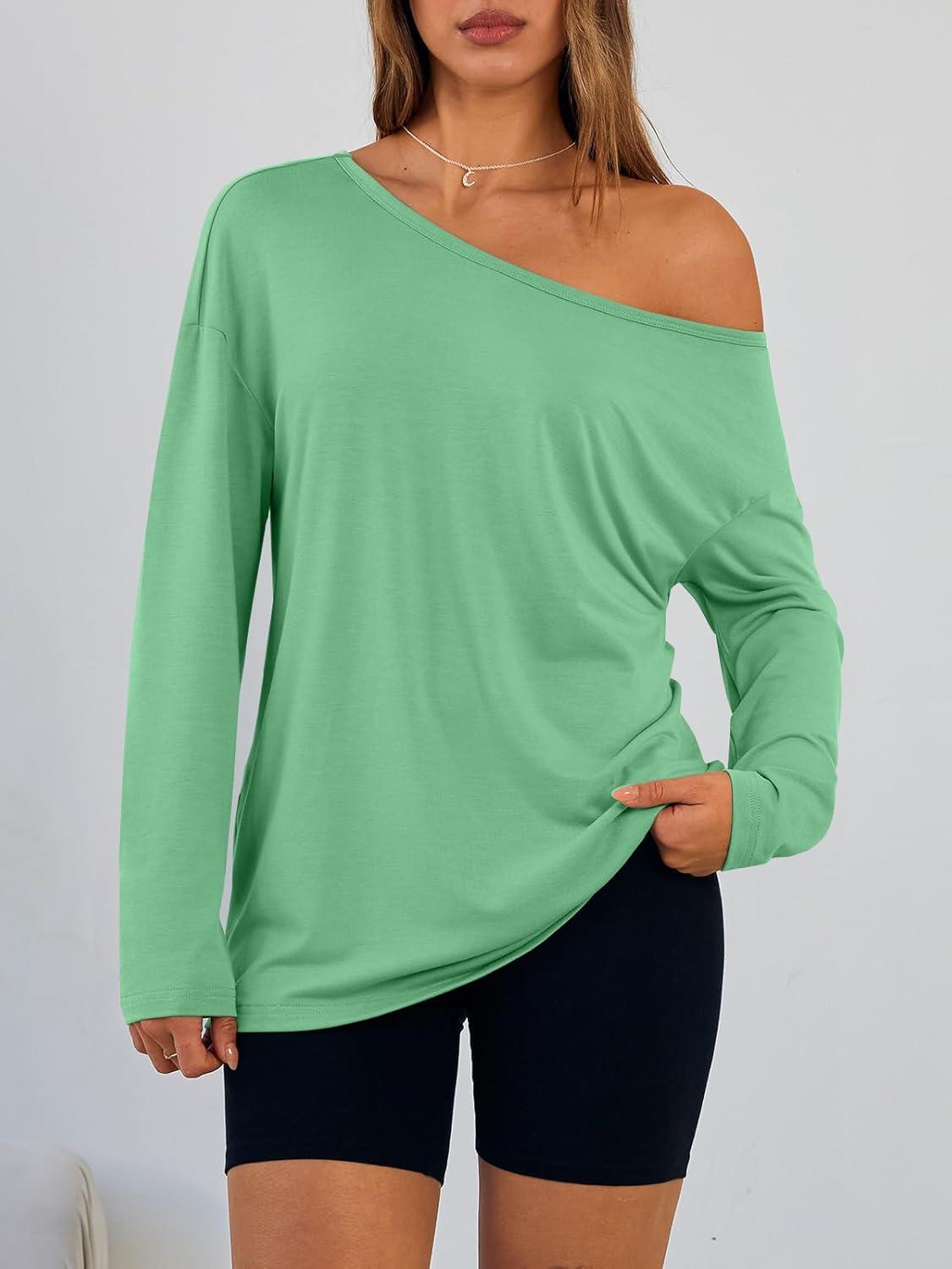 imageTrendy Queen Womens Off The Shoulder Tops Oversized Tshirts Long Sleeve 2025 Casual Basic TeesGreen