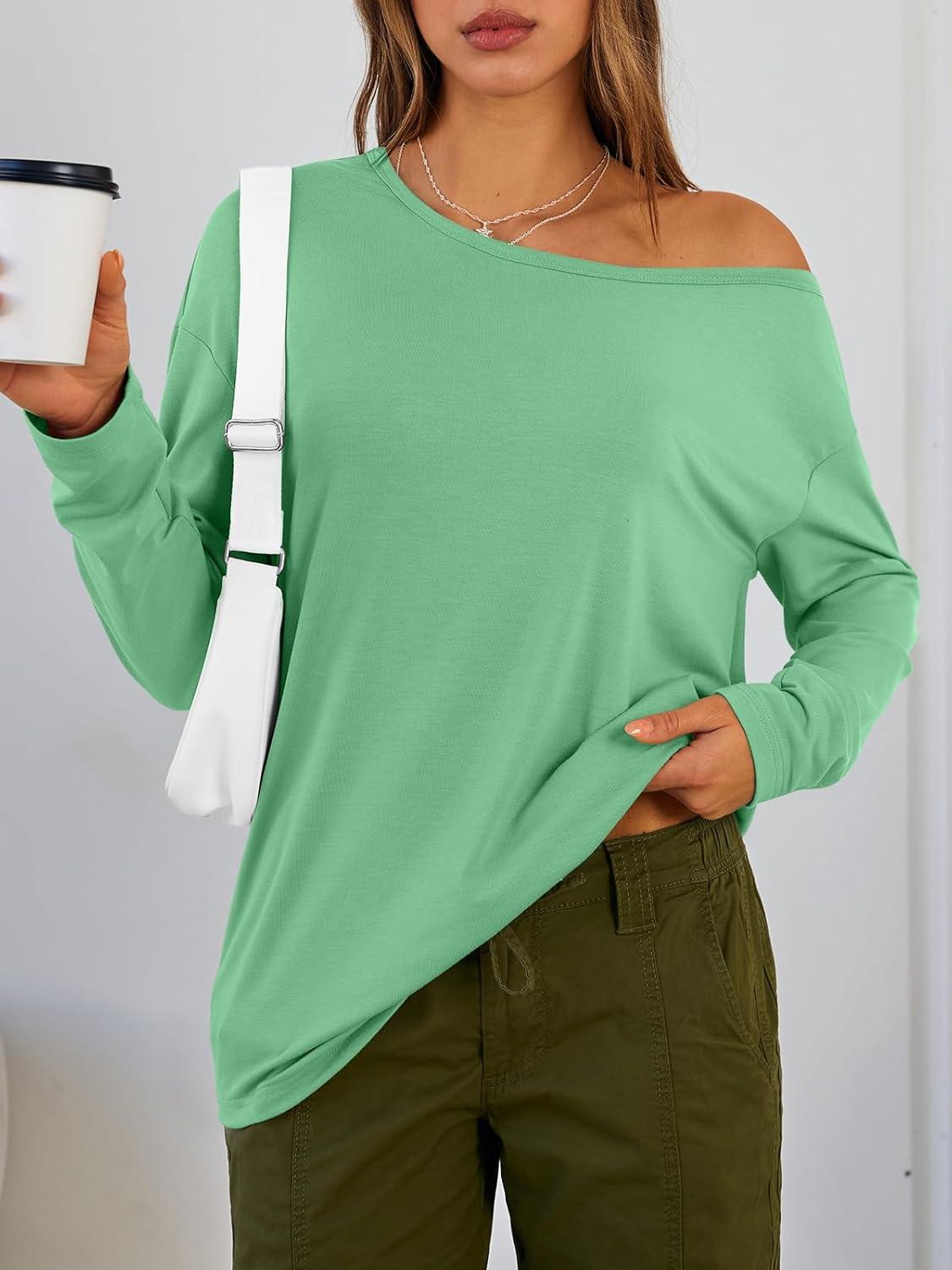 imageTrendy Queen Womens Off The Shoulder Tops Oversized Tshirts Long Sleeve 2025 Casual Basic TeesGreen