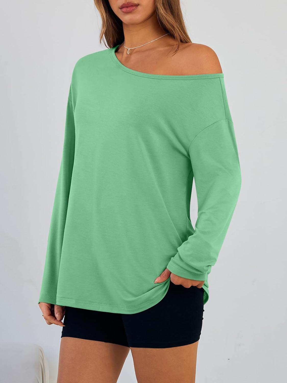 imageTrendy Queen Womens Off The Shoulder Tops Oversized Tshirts Long Sleeve 2025 Casual Basic TeesGreen