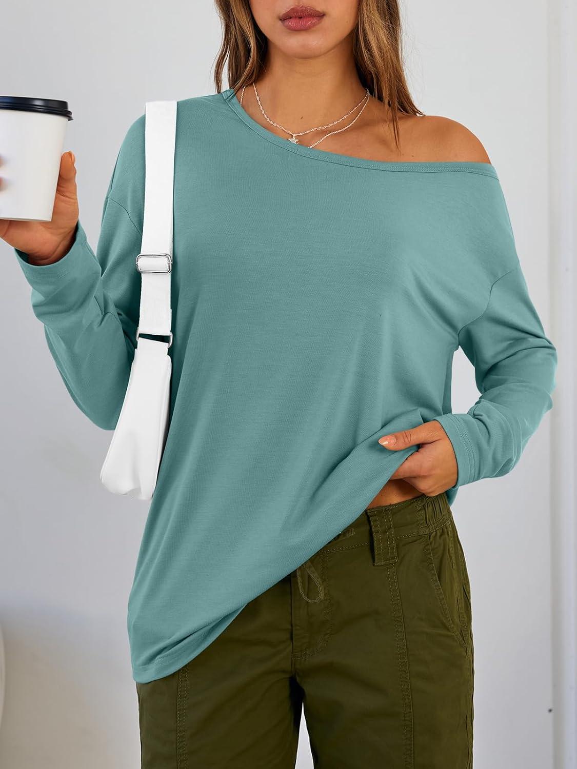 imageTrendy Queen Womens Off The Shoulder Tops Oversized Tshirts Long Sleeve 2025 Casual Basic TeesGrey Green