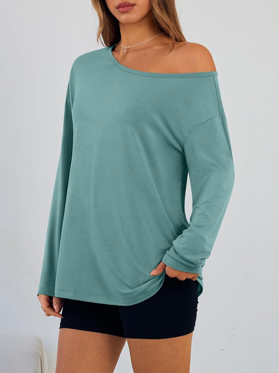 imageTrendy Queen Womens Off The Shoulder Tops Oversized Tshirts Long Sleeve 2025 Casual Basic TeesGrey Green