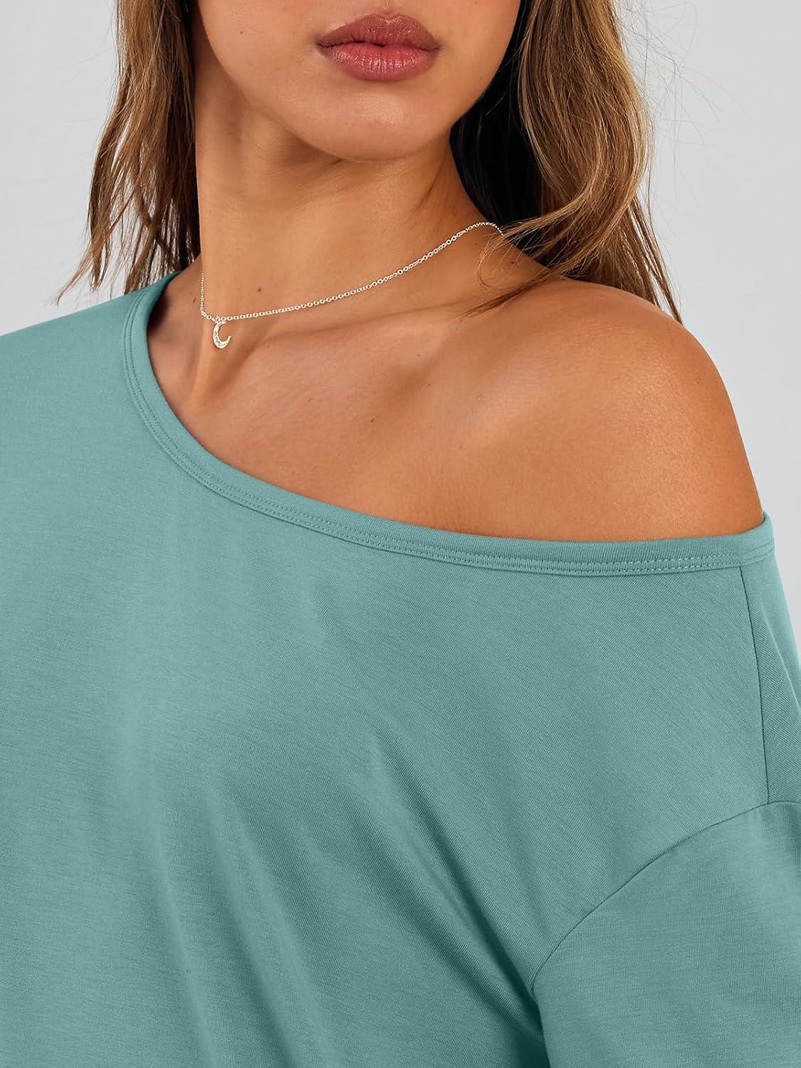 imageTrendy Queen Womens Off The Shoulder Tops Oversized Tshirts Long Sleeve 2025 Casual Basic TeesGrey Green