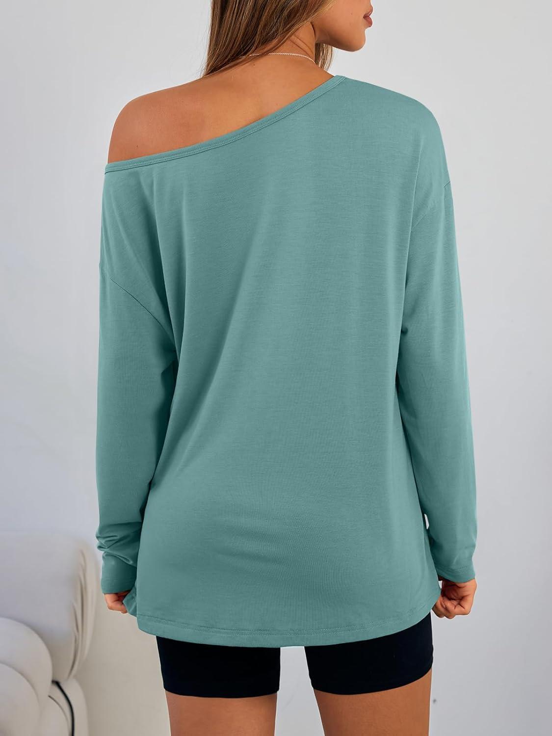 imageTrendy Queen Womens Off The Shoulder Tops Oversized Tshirts Long Sleeve 2025 Casual Basic TeesGrey Green