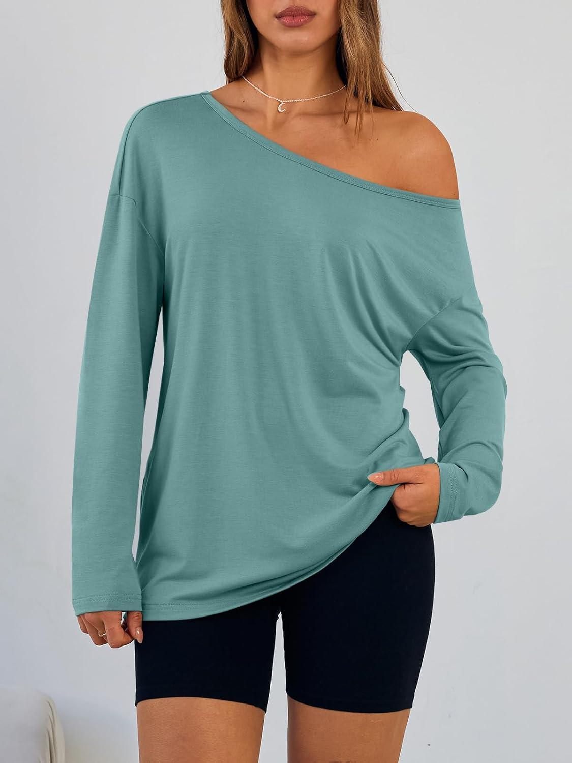 imageTrendy Queen Womens Off The Shoulder Tops Oversized Tshirts Long Sleeve 2025 Casual Basic TeesGrey Green