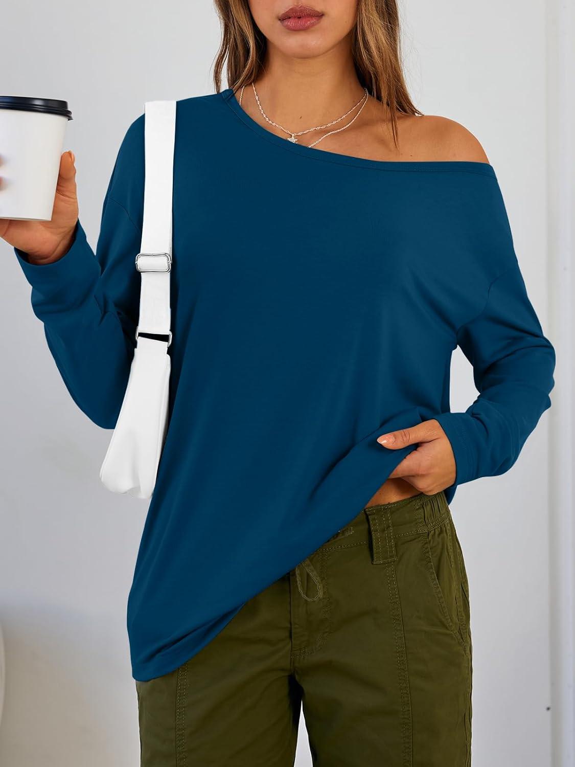 imageTrendy Queen Womens Off The Shoulder Tops Oversized Tshirts Long Sleeve 2025 Casual Basic TeesLake