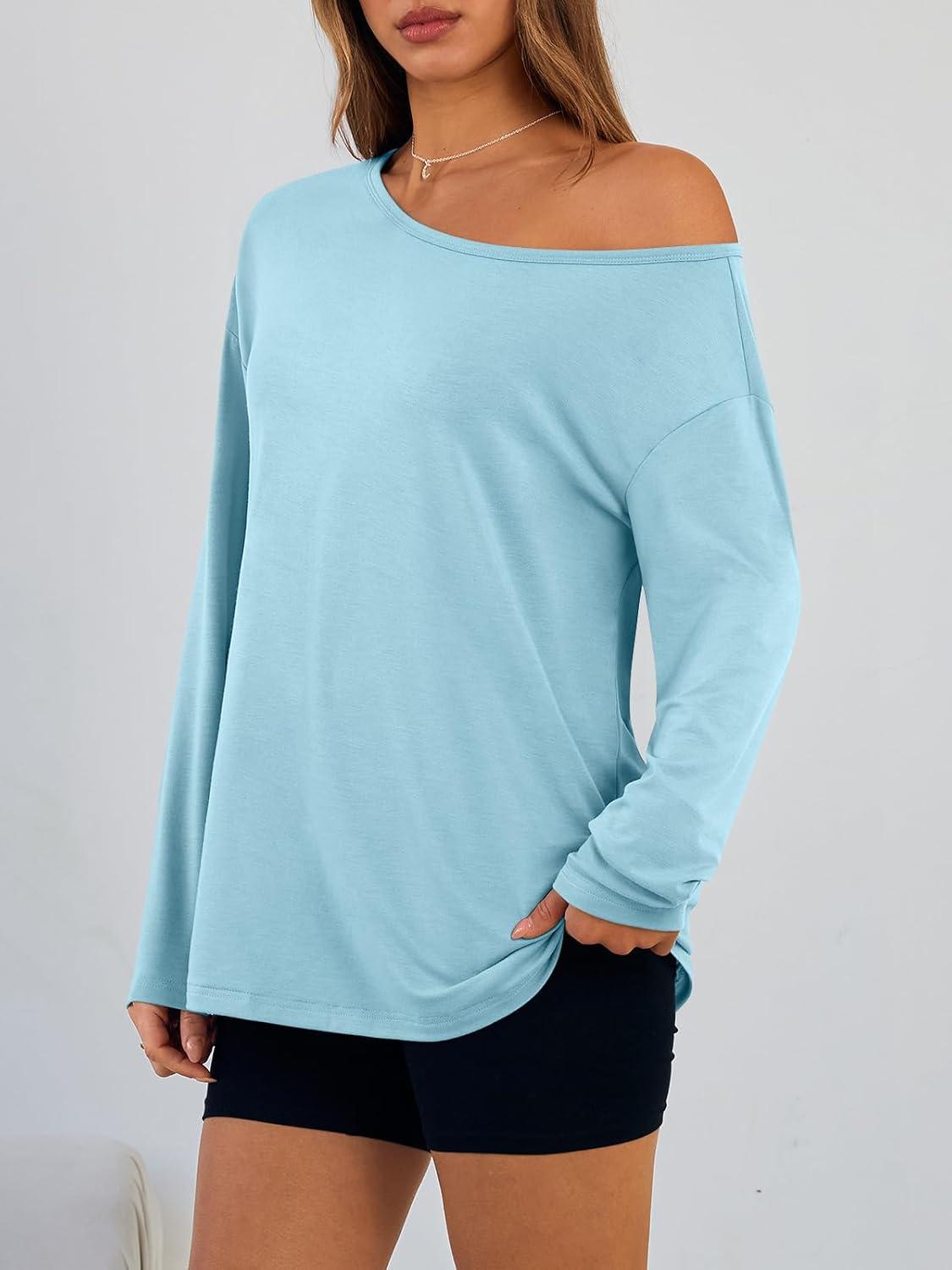 imageTrendy Queen Womens Off The Shoulder Tops Oversized Tshirts Long Sleeve 2025 Casual Basic TeesLight Blue