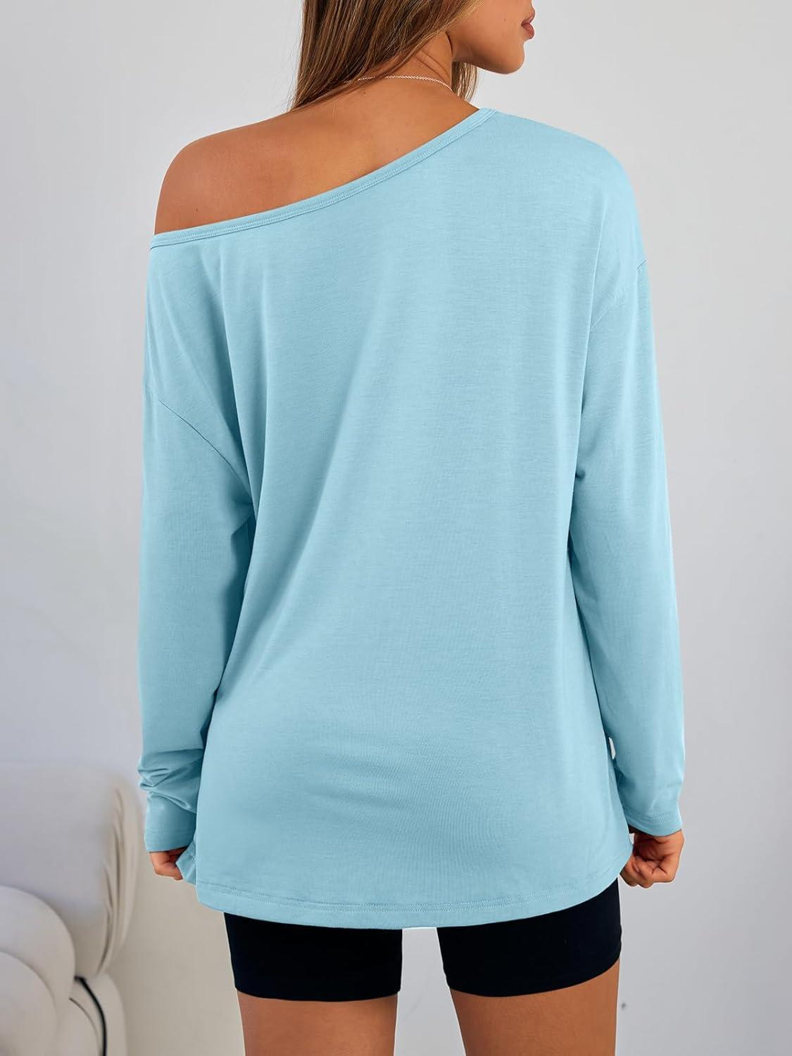 imageTrendy Queen Womens Off The Shoulder Tops Oversized Tshirts Long Sleeve 2025 Casual Basic TeesLight Blue