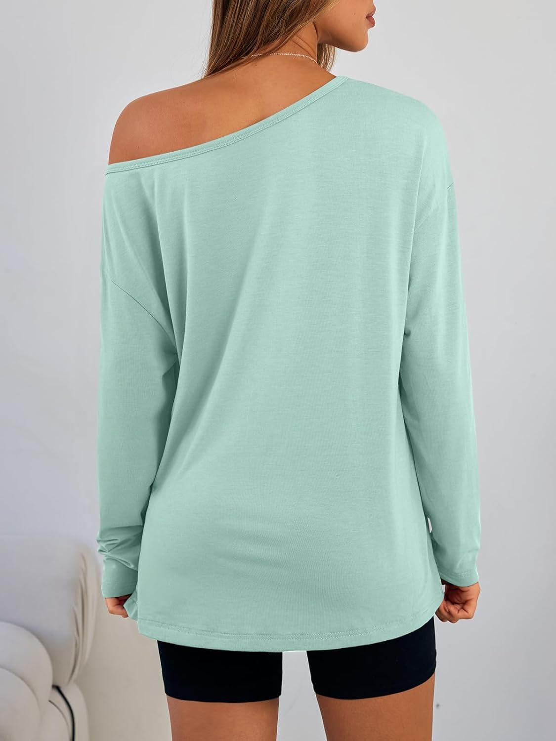 imageTrendy Queen Womens Off The Shoulder Tops Oversized Tshirts Long Sleeve 2025 Casual Basic TeesMint Green