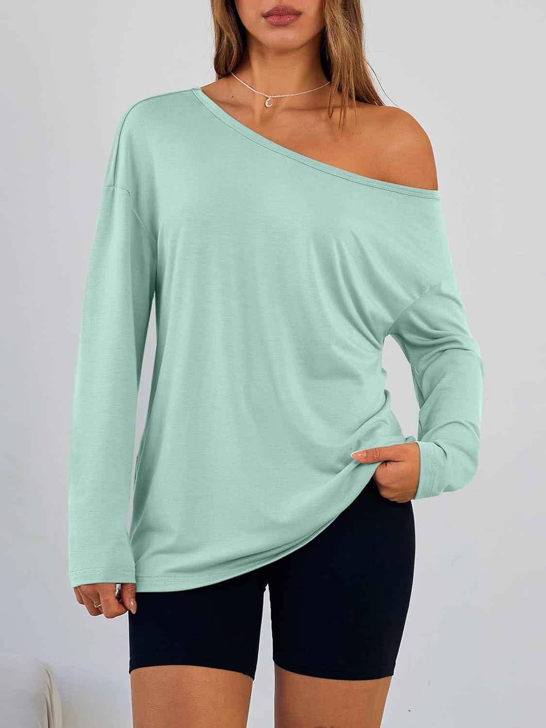 imageTrendy Queen Womens Off The Shoulder Tops Oversized Tshirts Long Sleeve 2025 Casual Basic TeesMint Green