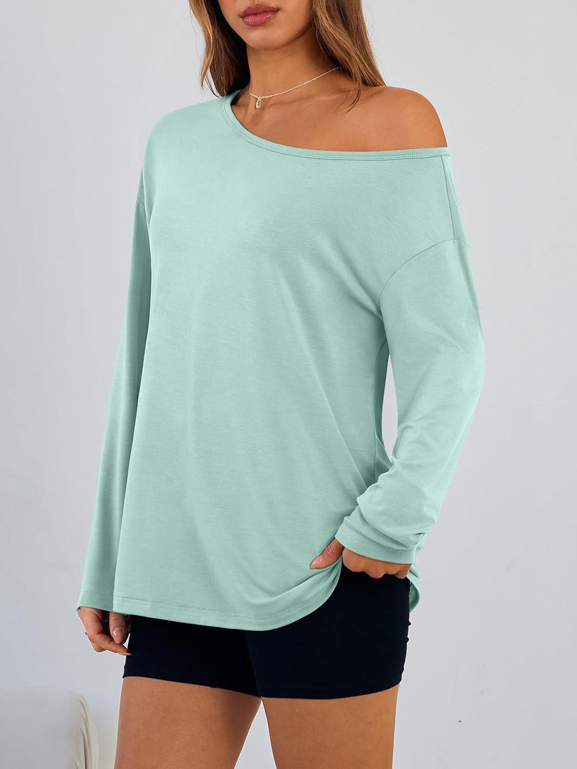 imageTrendy Queen Womens Off The Shoulder Tops Oversized Tshirts Long Sleeve 2025 Casual Basic TeesMint Green