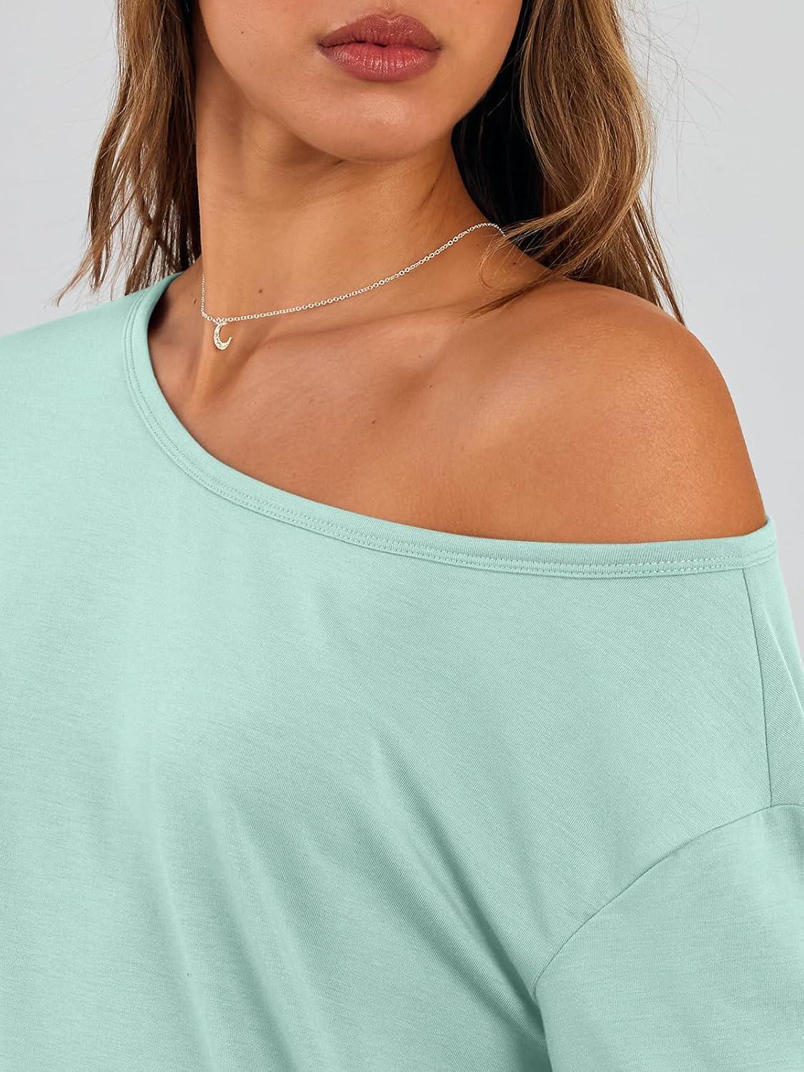 imageTrendy Queen Womens Off The Shoulder Tops Oversized Tshirts Long Sleeve 2025 Casual Basic TeesMint Green