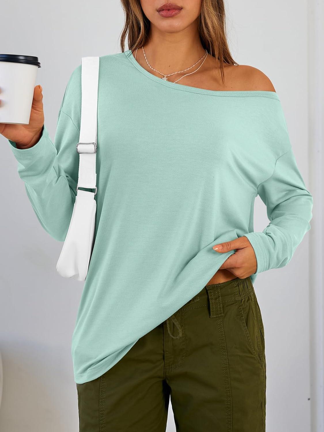 imageTrendy Queen Womens Off The Shoulder Tops Oversized Tshirts Long Sleeve 2025 Casual Basic TeesMint Green