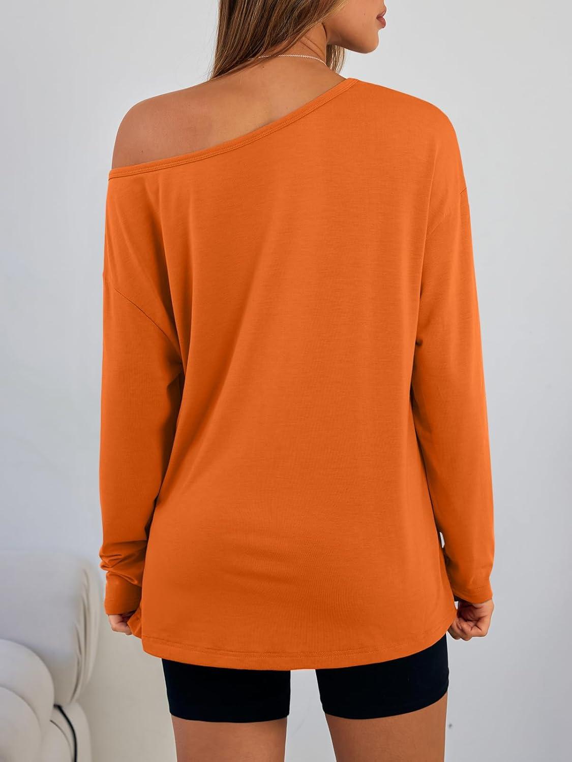 imageTrendy Queen Womens Off The Shoulder Tops Oversized Tshirts Long Sleeve 2025 Casual Basic TeesOrange