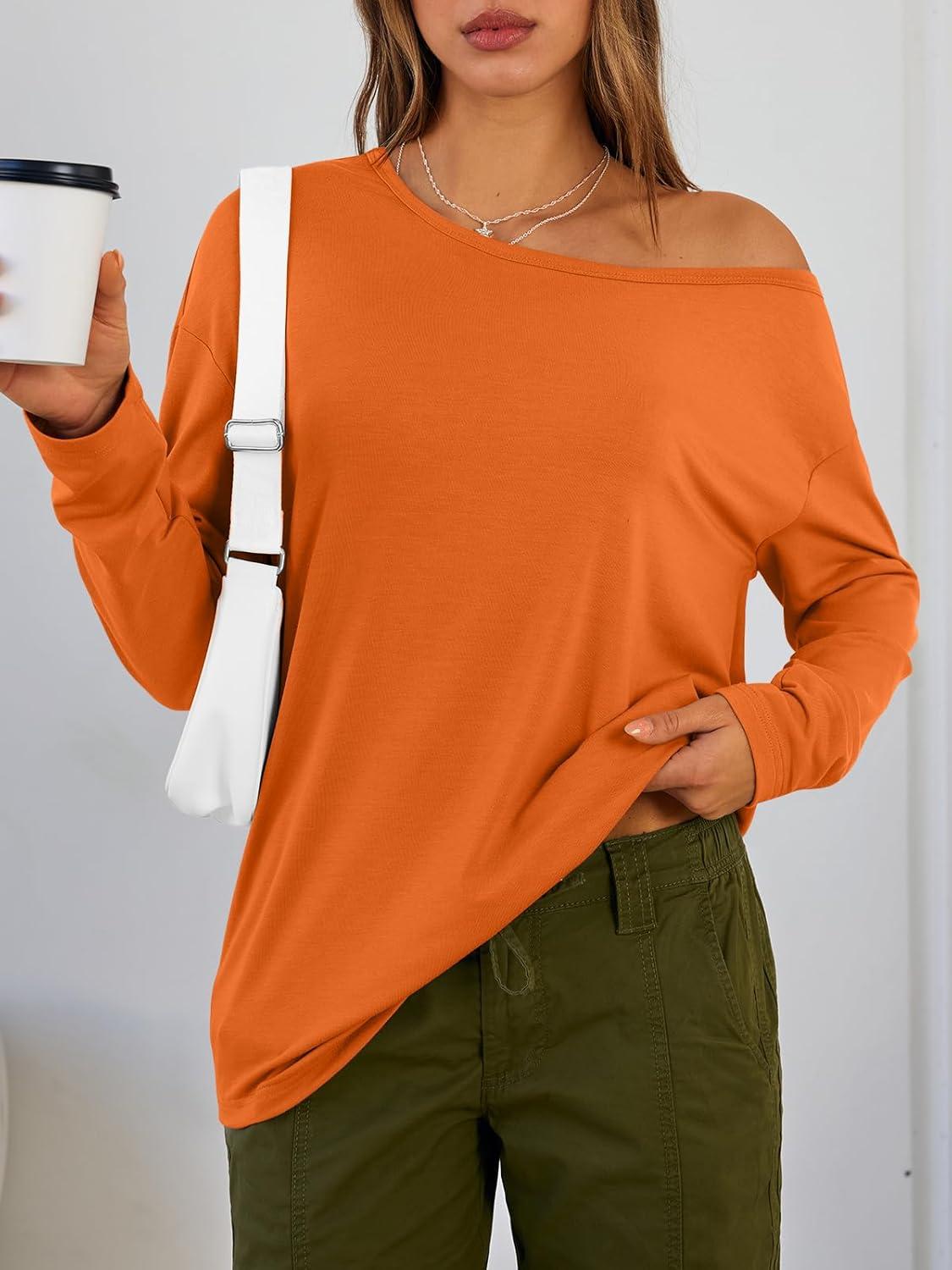 imageTrendy Queen Womens Off The Shoulder Tops Oversized Tshirts Long Sleeve 2025 Casual Basic TeesOrange