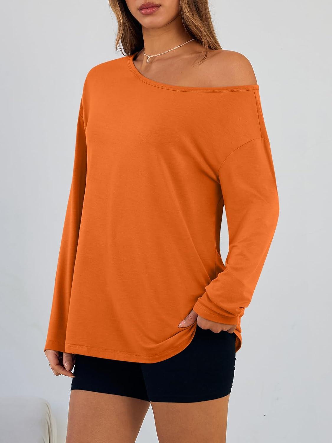 imageTrendy Queen Womens Off The Shoulder Tops Oversized Tshirts Long Sleeve 2025 Casual Basic TeesOrange