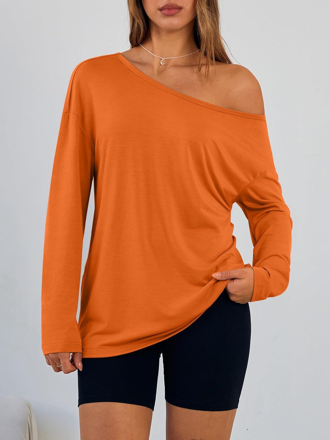 imageTrendy Queen Womens Off The Shoulder Tops Oversized Tshirts Long Sleeve 2025 Casual Basic TeesOrange