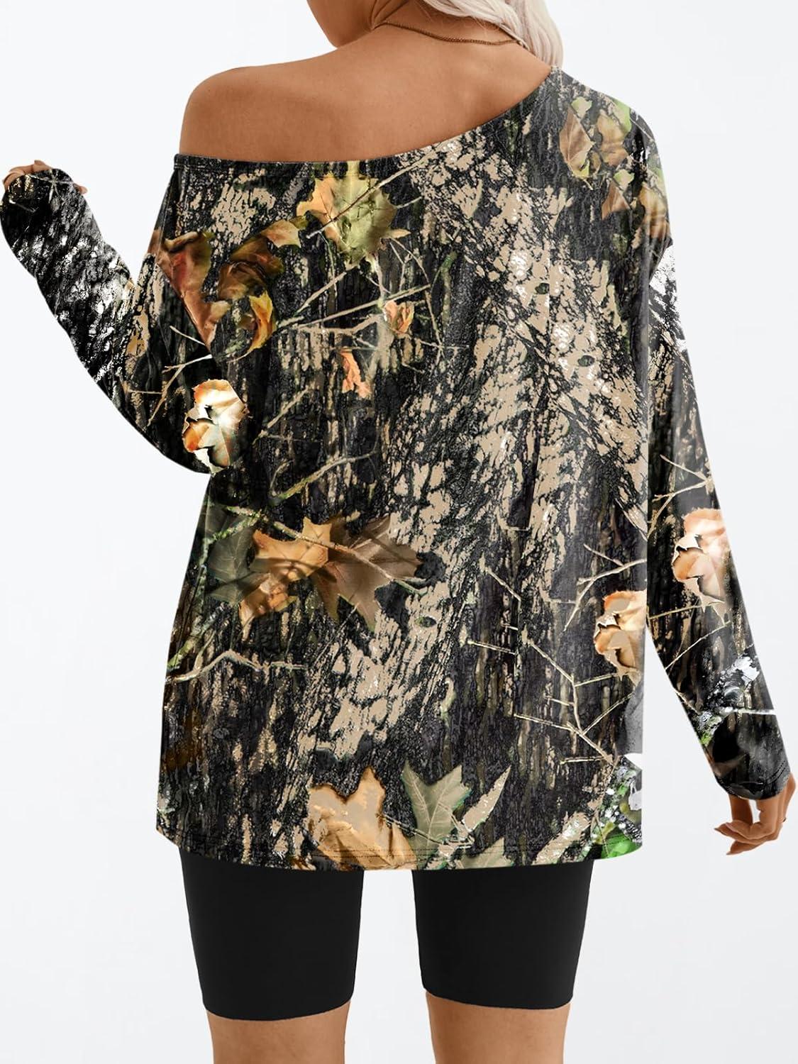 imageTrendy Queen Womens Off The Shoulder Tops Oversized Tshirts Long Sleeve 2025 Casual Basic TeesPrinted Green