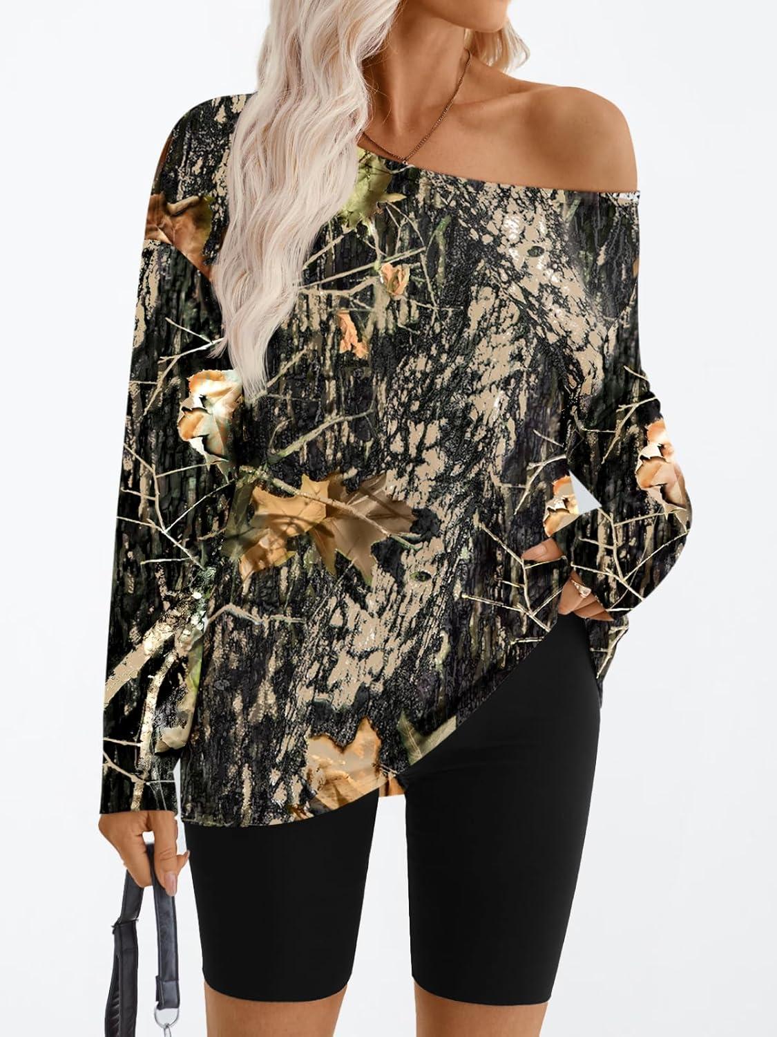 imageTrendy Queen Womens Off The Shoulder Tops Oversized Tshirts Long Sleeve 2025 Casual Basic TeesPrinted Green