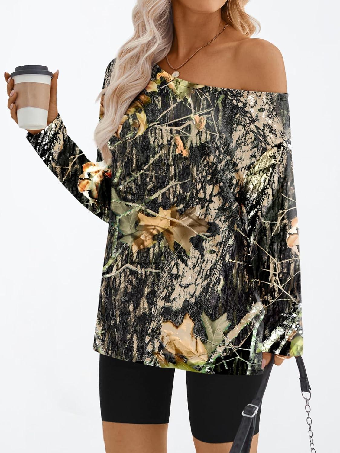 imageTrendy Queen Womens Off The Shoulder Tops Oversized Tshirts Long Sleeve 2025 Casual Basic TeesPrinted Green