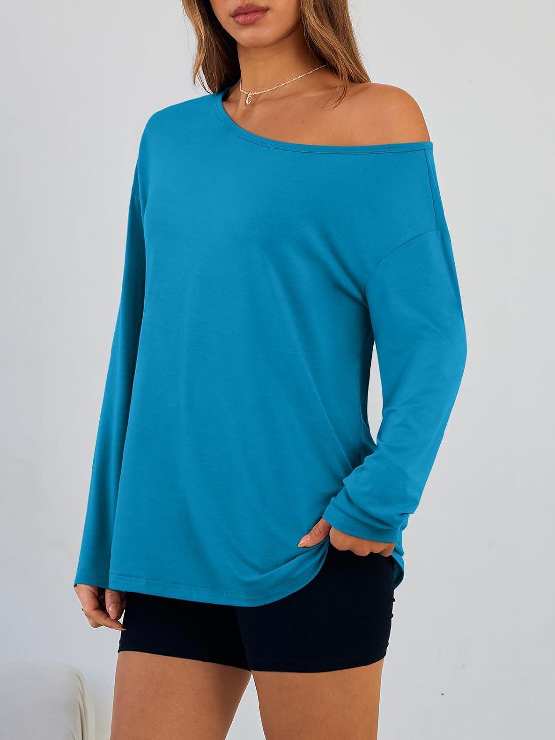 imageTrendy Queen Womens Off The Shoulder Tops Oversized Tshirts Long Sleeve 2025 Casual Basic TeesRoyal Blue