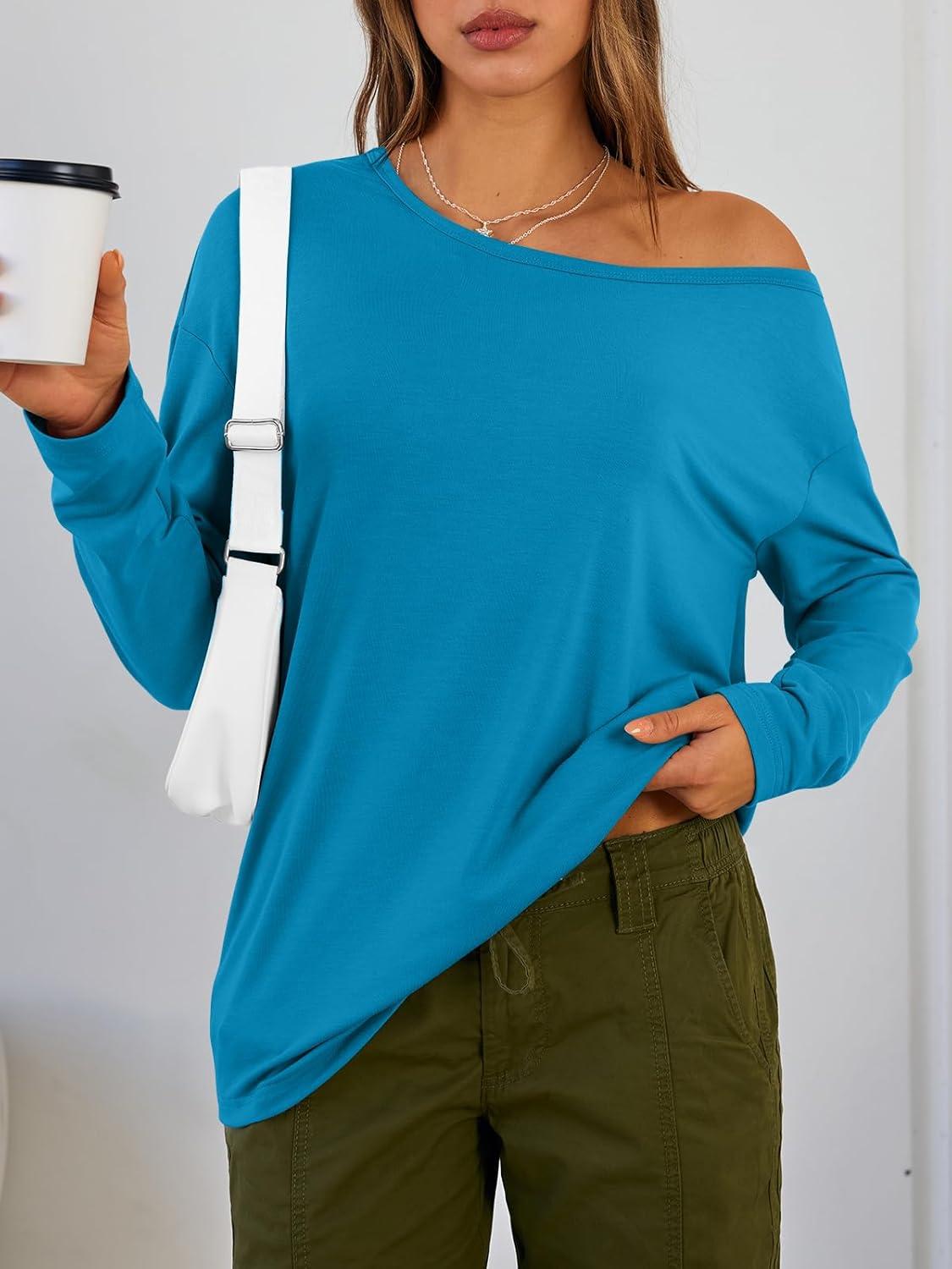 imageTrendy Queen Womens Off The Shoulder Tops Oversized Tshirts Long Sleeve 2025 Casual Basic TeesRoyal Blue