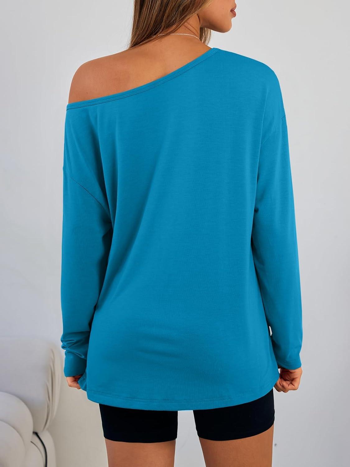 imageTrendy Queen Womens Off The Shoulder Tops Oversized Tshirts Long Sleeve 2025 Casual Basic TeesRoyal Blue