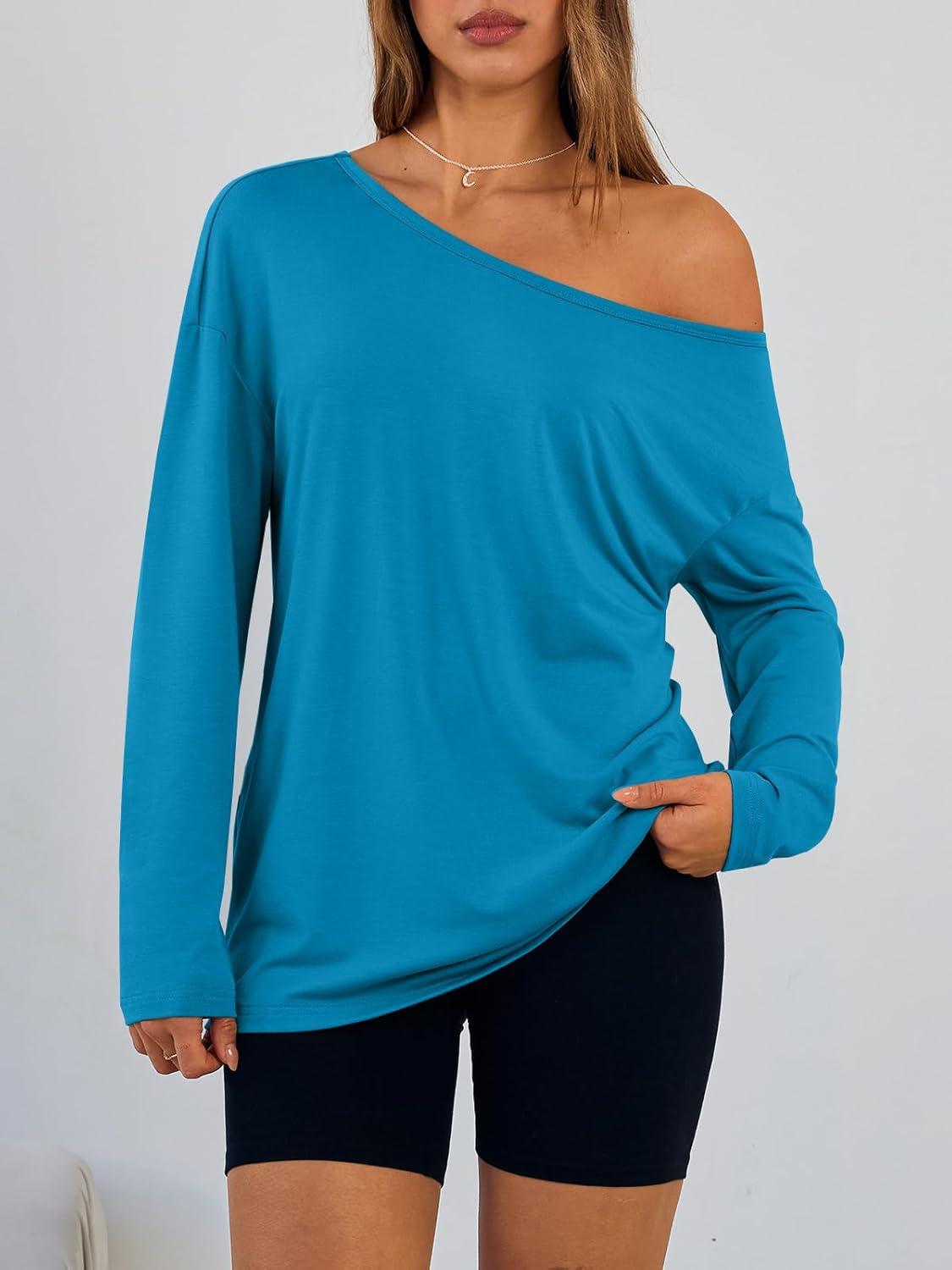 imageTrendy Queen Womens Off The Shoulder Tops Oversized Tshirts Long Sleeve 2025 Casual Basic TeesRoyal Blue