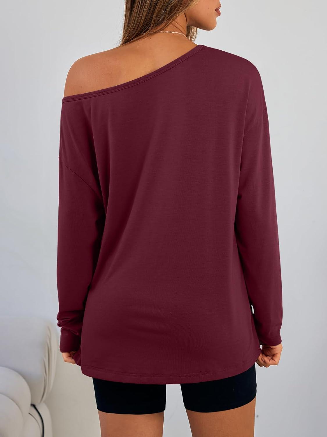 imageTrendy Queen Womens Off The Shoulder Tops Oversized Tshirts Long Sleeve 2025 Casual Basic TeesWinered