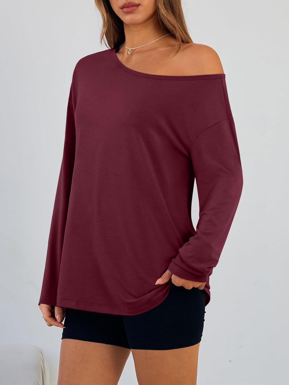 imageTrendy Queen Womens Off The Shoulder Tops Oversized Tshirts Long Sleeve 2025 Casual Basic TeesWinered