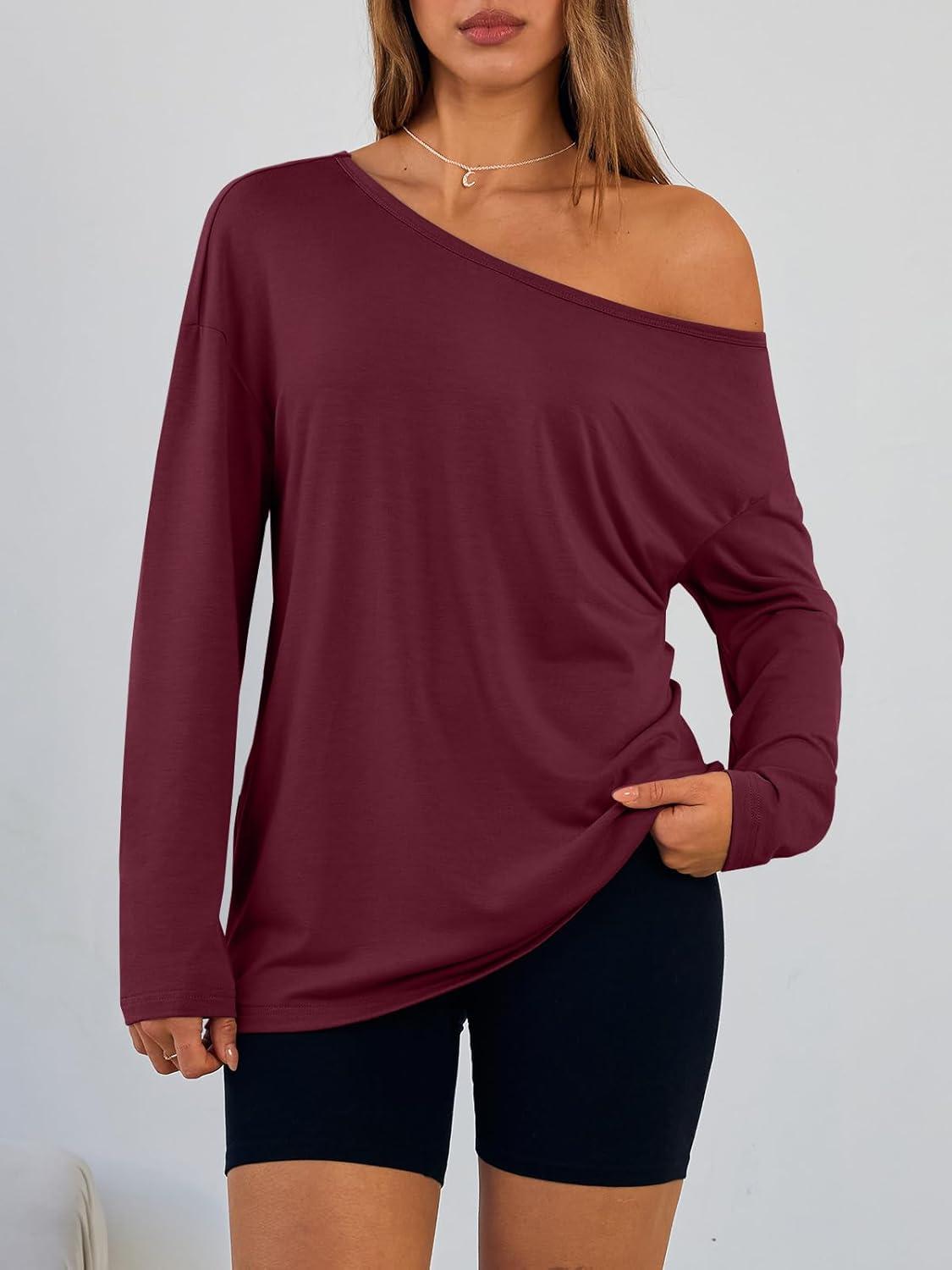 imageTrendy Queen Womens Off The Shoulder Tops Oversized Tshirts Long Sleeve 2025 Casual Basic TeesWinered