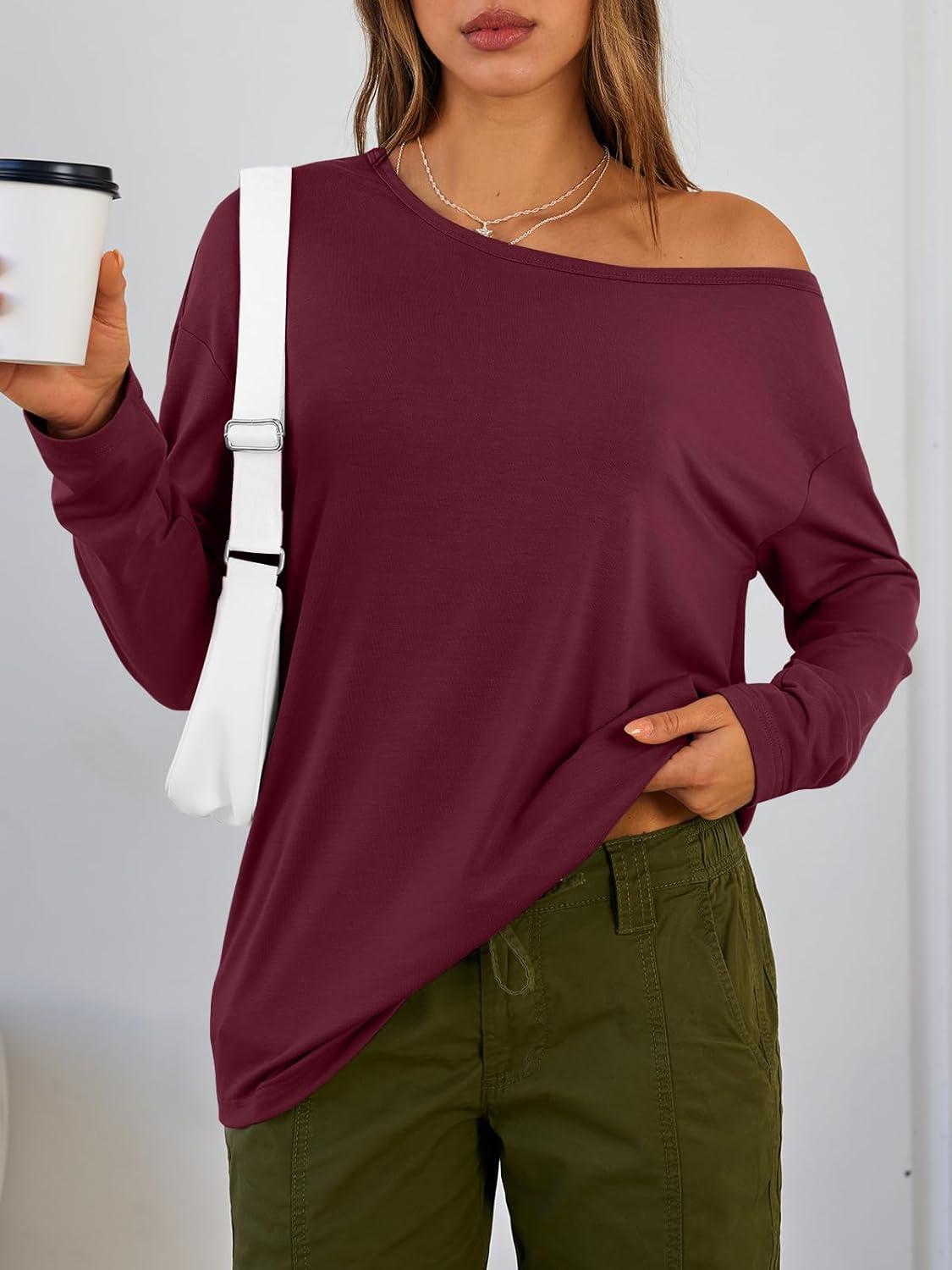 imageTrendy Queen Womens Off The Shoulder Tops Oversized Tshirts Long Sleeve 2025 Casual Basic TeesWinered