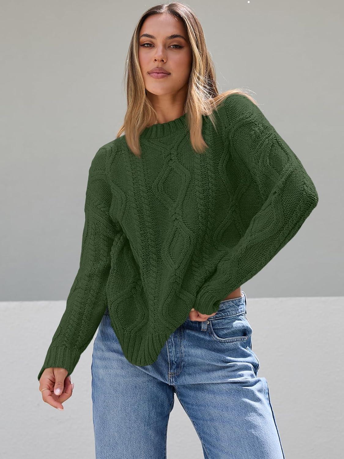 imageTrendy Queen Womens Oversized Cable Knit Crewneck SweatersArmy Green