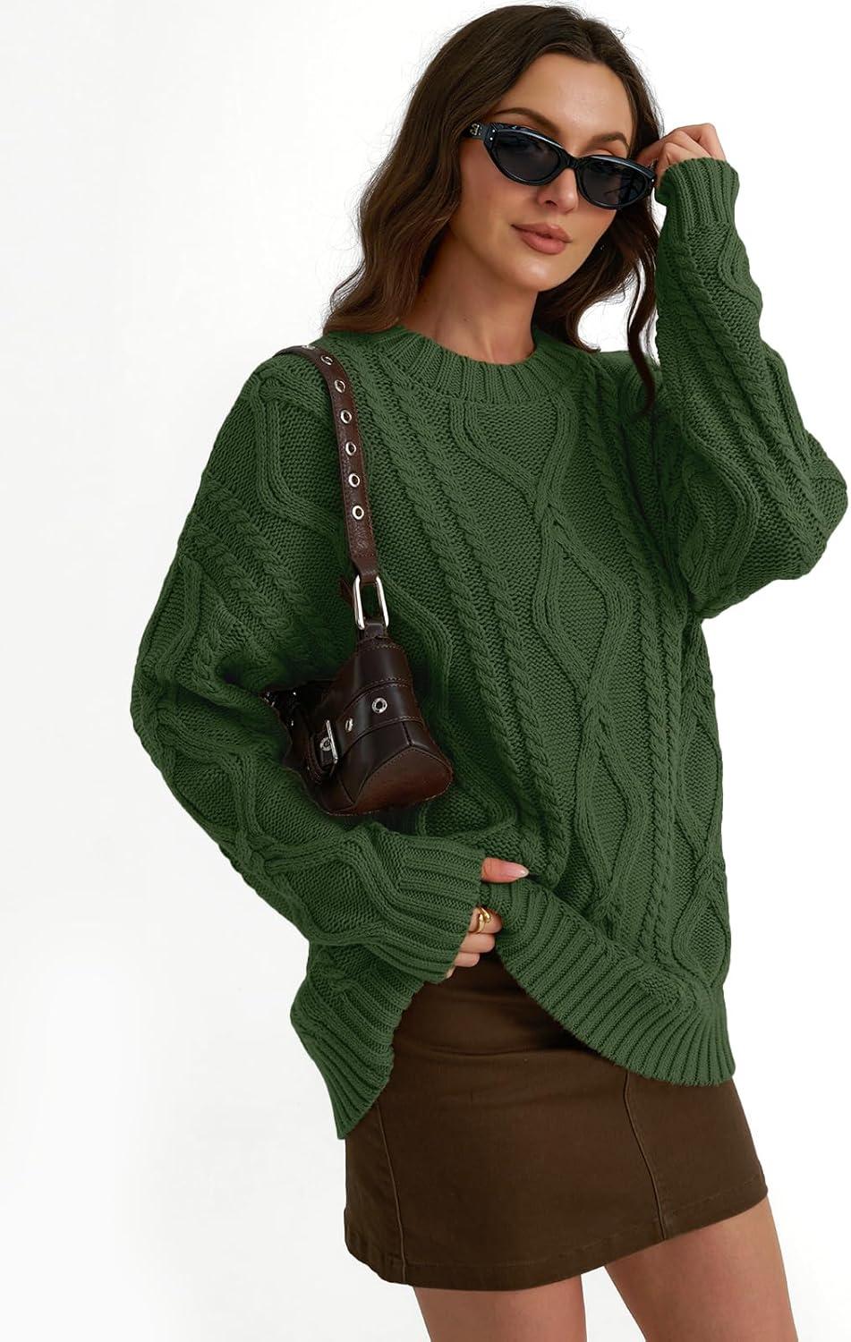 imageTrendy Queen Womens Oversized Cable Knit Crewneck SweatersArmy Green