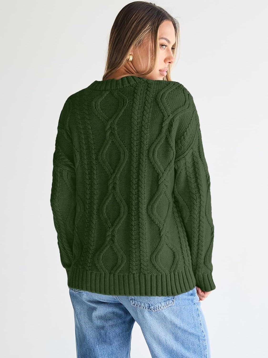imageTrendy Queen Womens Oversized Cable Knit Crewneck SweatersArmy Green