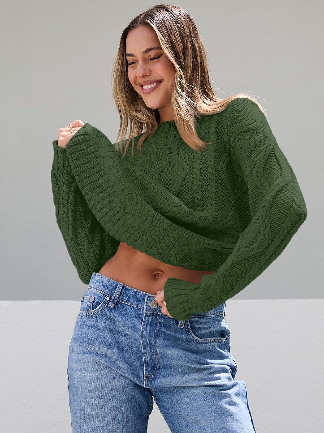 imageTrendy Queen Womens Oversized Cable Knit Crewneck SweatersArmy Green