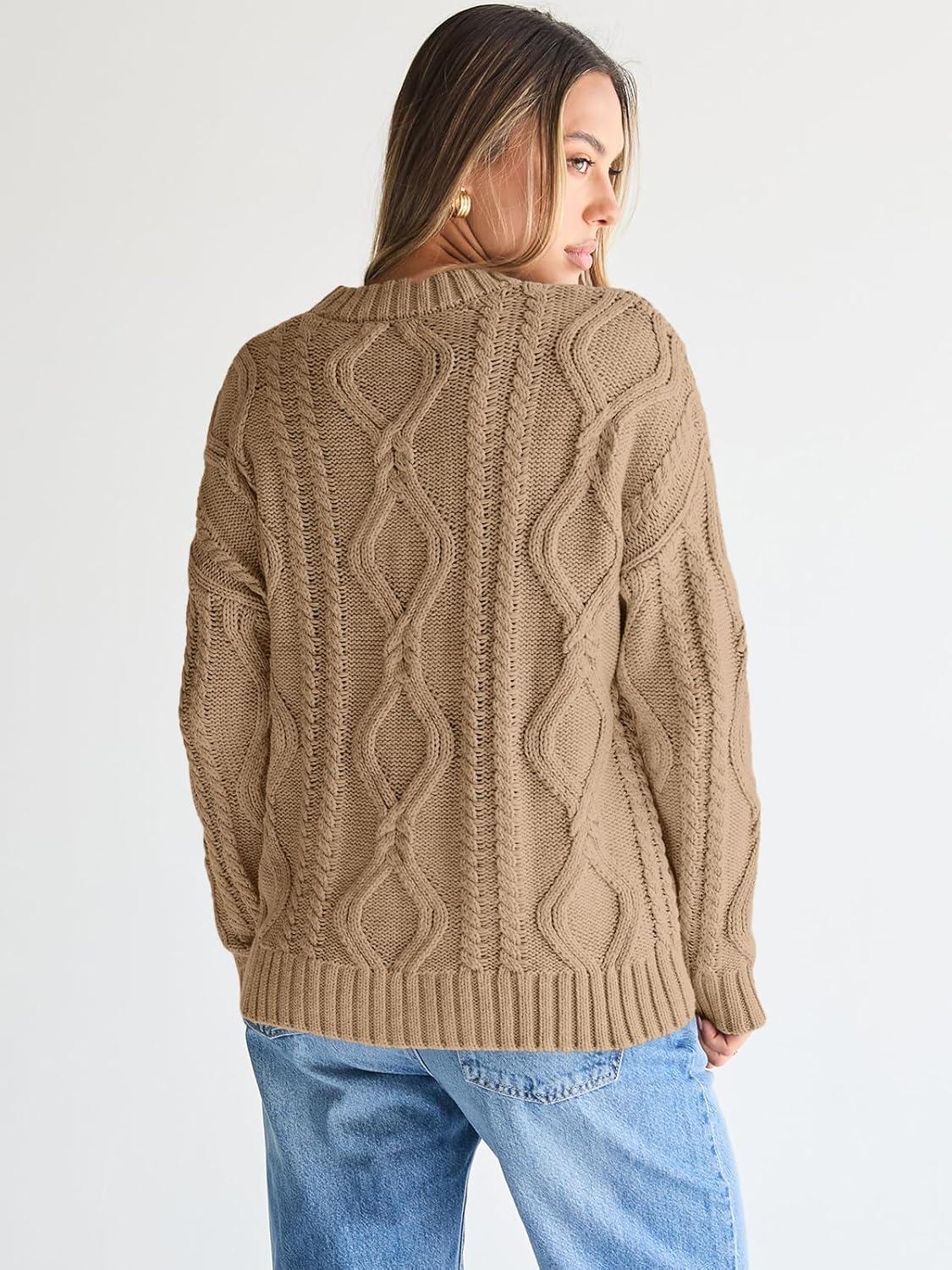 imageTrendy Queen Womens Oversized Cable Knit Crewneck SweatersCamel