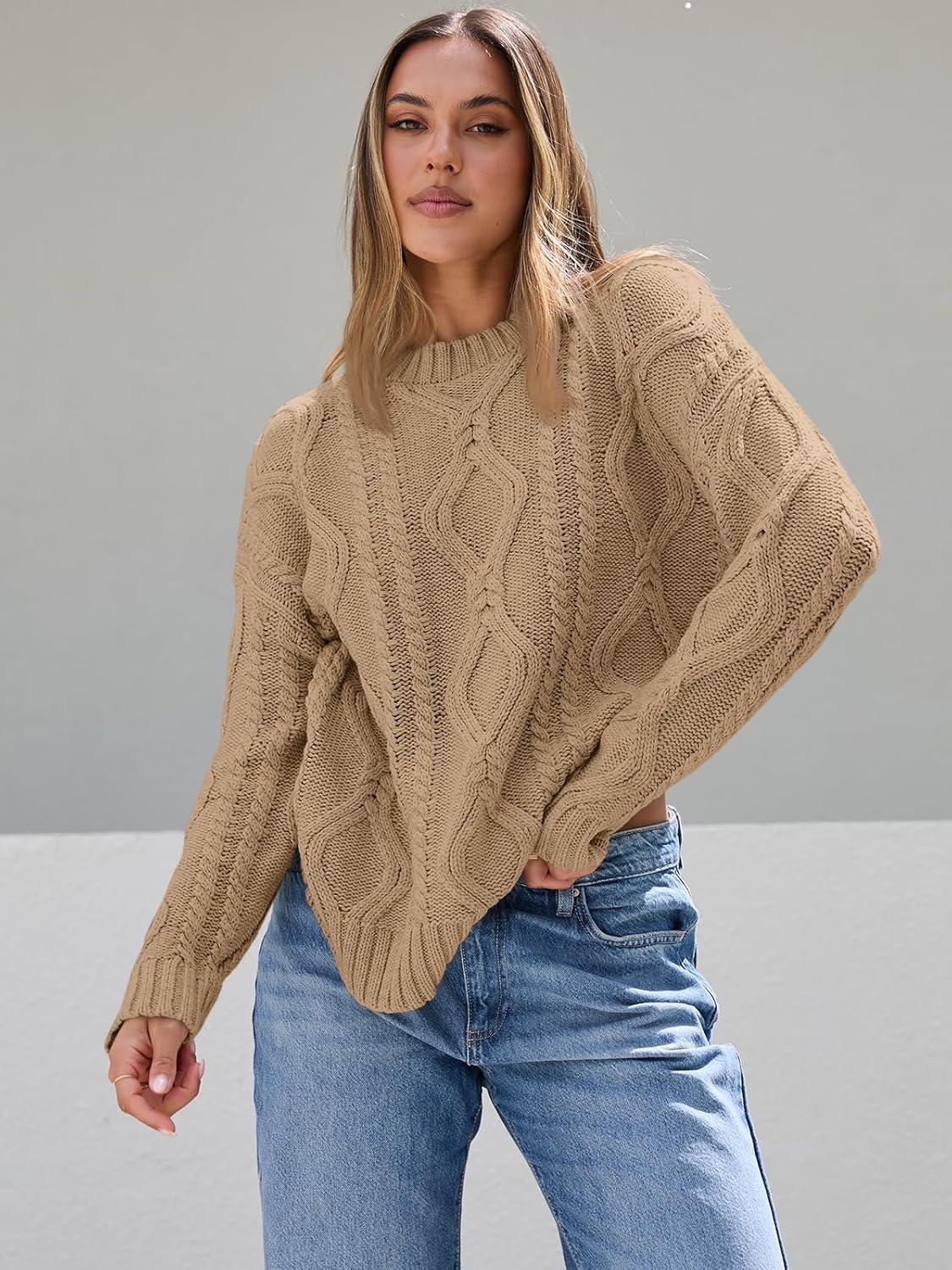 imageTrendy Queen Womens Oversized Cable Knit Crewneck SweatersCamel