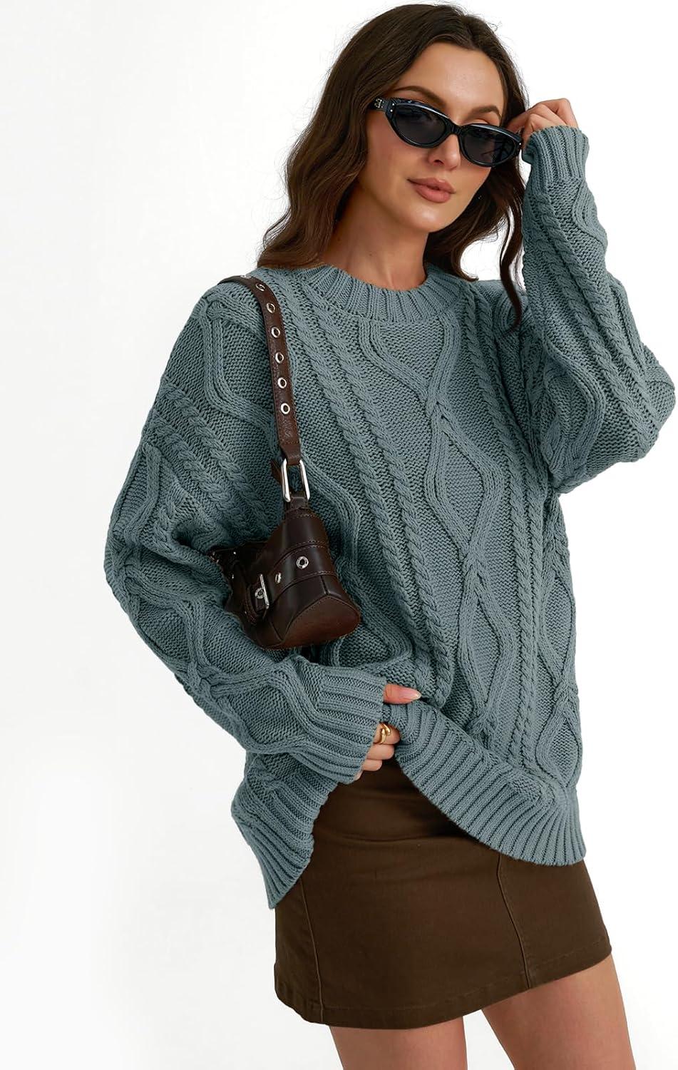imageTrendy Queen Womens Oversized Cable Knit Crewneck SweatersDark Sage